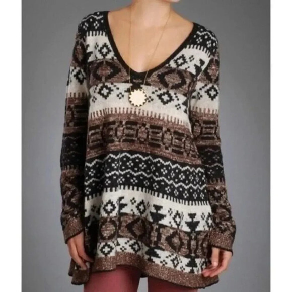 Free People Cabin Fever Fair Isle Wool Pullover Tunic Sweater M - Picture 1 of 4